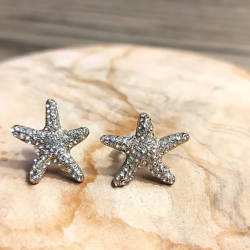 Gold Tone Rhinestone Sparkle Sea Star Pierced Earrings